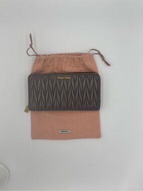 Miu Miu Quilted Dark Gray Zip-Around Wallet with Gold Logo / Hardware & Dust Bag